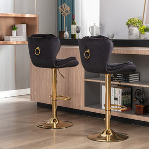 English Elm Set of 2 Velvet Bar Stools with 360° Swivel, 300lb Metal Frame, Height Adjustable Gold Legs, Black W124946147