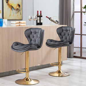 English Elm Set of 2 Velvet Counter Stools with Swivel, Adjustable Height, Chrome Base & Gold Legs for Modern Bars Grey W124946151