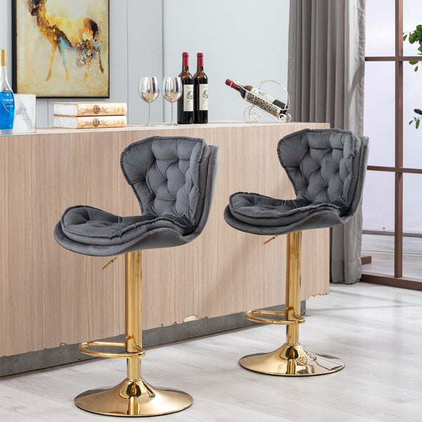 English Elm Set of 2 Velvet Counter Stools with Swivel, Adjustable Height, Chrome Base & Gold Legs for Modern Bars Grey W124946151