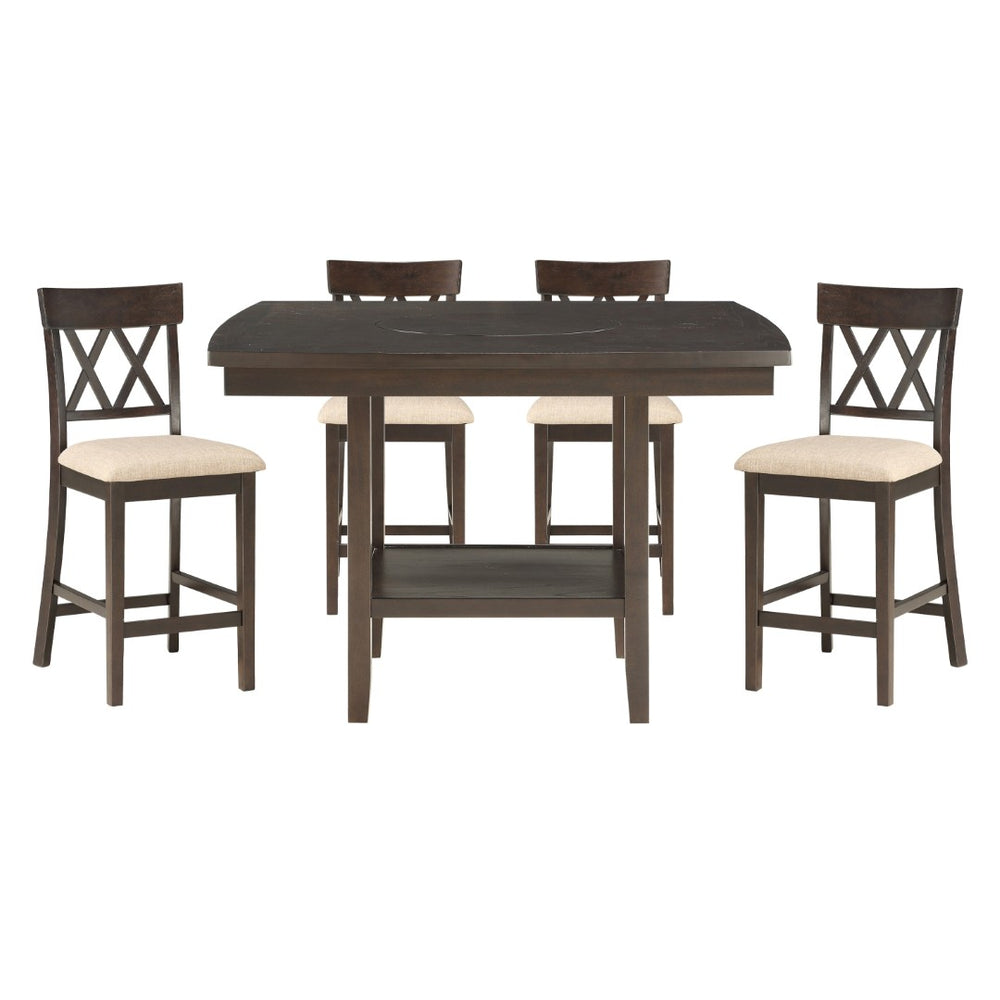 English Elm Dark Brown Mindy Veneer Counter Height Dining Set with Lazy Susan and Cross-back Chairs B011S00574