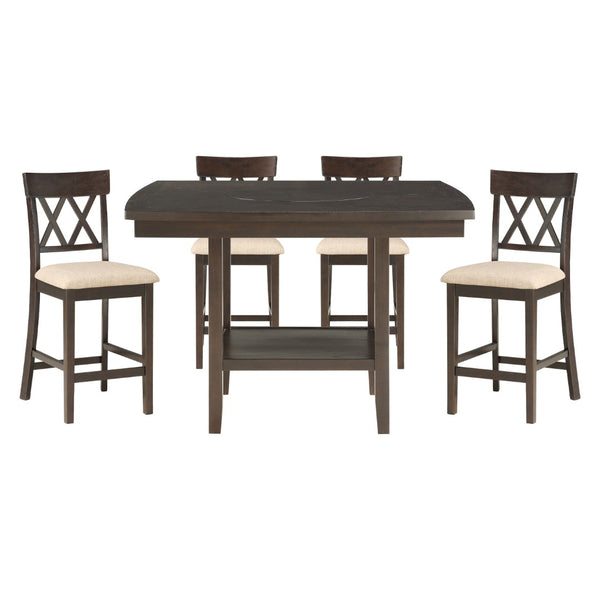 English Elm Dark Brown Mindy Veneer Counter Height Dining Set with Lazy Susan and Cross-back Chairs B011S00574