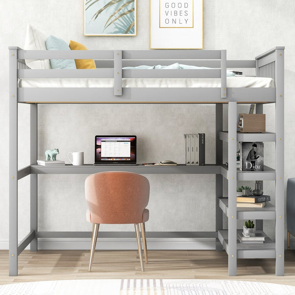 English Elm Full Solid Pine Loft Bed with Built-In Desk and Shelving, Space-Saving Design for Study & Sleep Gray GX000246AAE