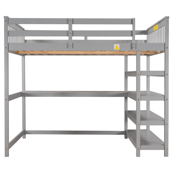 English Elm Full Solid Pine Loft Bed with Built-In Desk and Shelving, Space-Saving Design for Study & Sleep Gray GX000246AAE