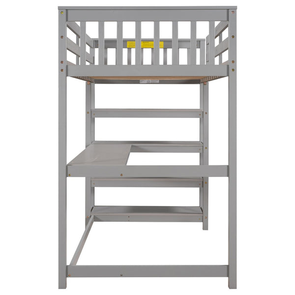 English Elm Twin Pine Loft Bed with Built-in Desk Open Shelves and Led Ambient Lighting Gray GX000245AAE