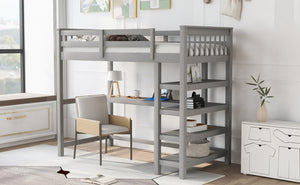 English Elm Twin Pine Loft Bed with Built-in Desk Open Shelves and Led Ambient Lighting Gray GX000245AAE