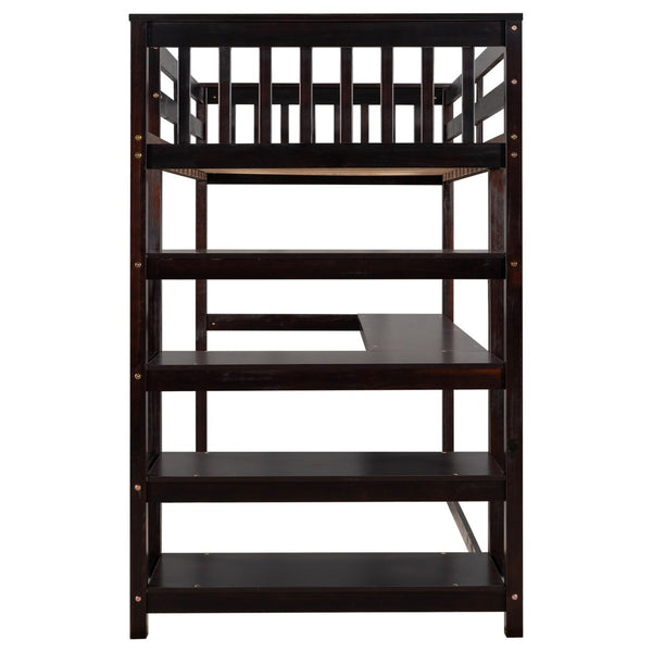 English Elm Twin Pine Loft Bed with Built-in Desk Open Shelves and Led Ambient Lighting Espresso GX000245AAP