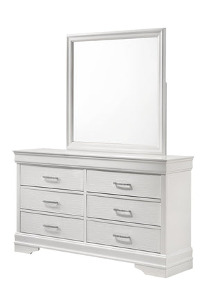 English Elm Queen Brooklyn 4PC Bedroom Set with Tufted LED Headboard, 6-Drawer Dresser, Nightstand & Mirror — Modern White Wood Finish 733569251230