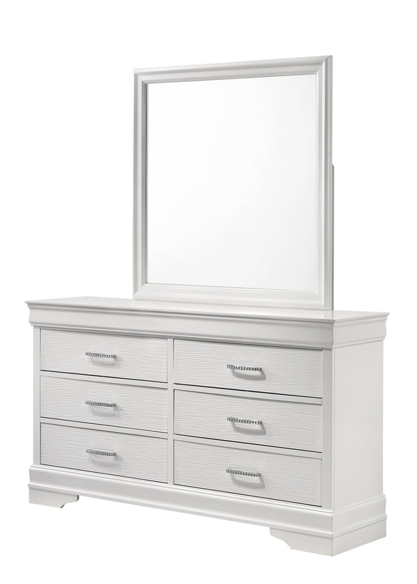 English Elm Queen Brooklyn 4PC Bedroom Set with Tufted LED Headboard, 6-Drawer Dresser, Nightstand & Mirror — Modern White Wood Finish 733569251230