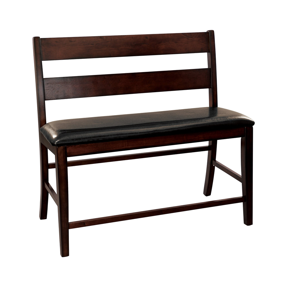 English Elm Transitional Cherry Finish Counter Height Bench with Wood Back and Dark Faux Leather Seat, 44.5" B011P217893