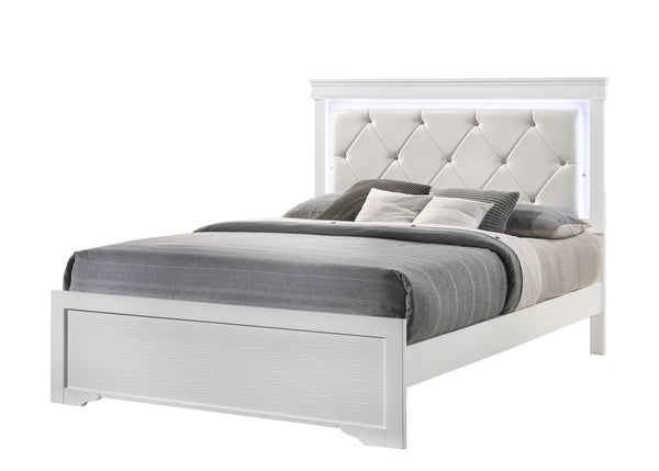 English Elm Queen Brooklyn 4PC Bedroom Set with Tufted LED Headboard, 6-Drawer Dresser, Nightstand & Mirror — Modern White Wood Finish 733569251230