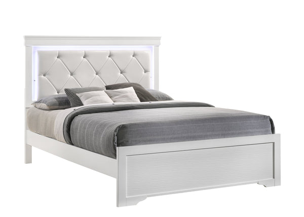 English Elm Queen Brooklyn 4PC Bedroom Set with Tufted LED Headboard, 6-Drawer Dresser, Nightstand & Mirror — Modern White Wood Finish 733569251230