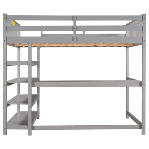English Elm Full Solid Pine Loft Bed with Built-In Desk and Shelving, Space-Saving Design for Study & Sleep Gray GX000246AAE
