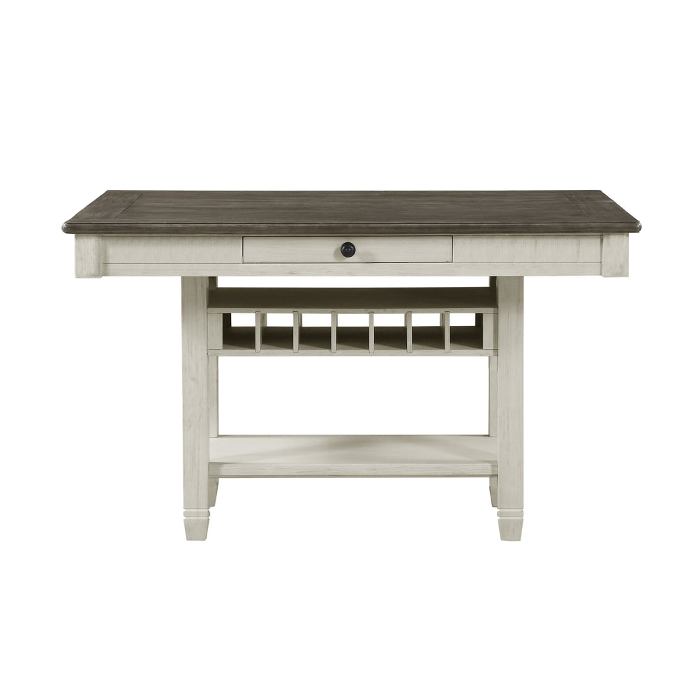 English Elm Antique 36" Counter Height Table with 4 Drawers, Rosy Brown Elm Top & Antique White Storage Shelf Wine Rack B011S00142