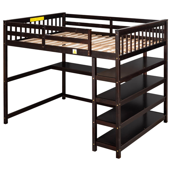 English Elm Full Solid Pine Loft Bed with Built-In Desk and Shelving, Space-Saving Design for Study & Sleep Espresso GX000246AAP