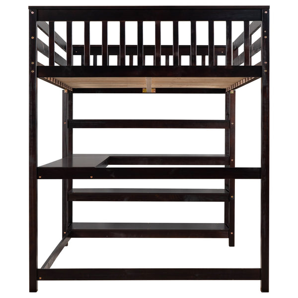 English Elm Full Solid Pine Loft Bed with Built-In Desk and Shelving, Space-Saving Design for Study & Sleep Espresso GX000246AAP
