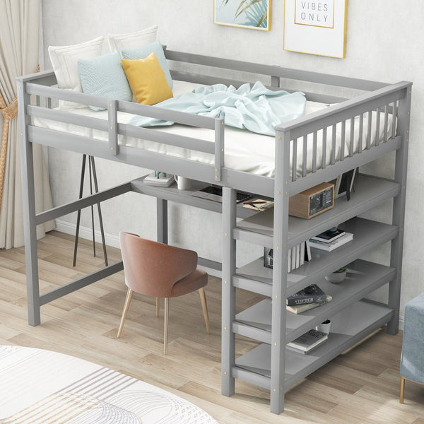 English Elm Full Solid Pine Loft Bed with Built-In Desk and Shelving, Space-Saving Design for Study & Sleep Gray GX000246AAE