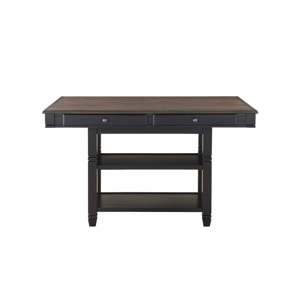 English Elm Transitional Counter Height Dining Table with Four Drawers and Open Shelves Seats Six B01152849