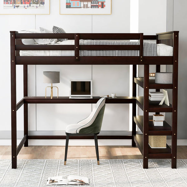 English Elm Full Solid Pine Loft Bed with Built-In Desk and Shelving, Space-Saving Design for Study & Sleep Espresso GX000246AAP