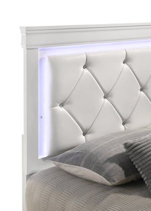 English Elm Queen Brooklyn 4PC Bedroom Set with Tufted LED Headboard, 6-Drawer Dresser, Nightstand & Mirror — Modern White Wood Finish 733569251230