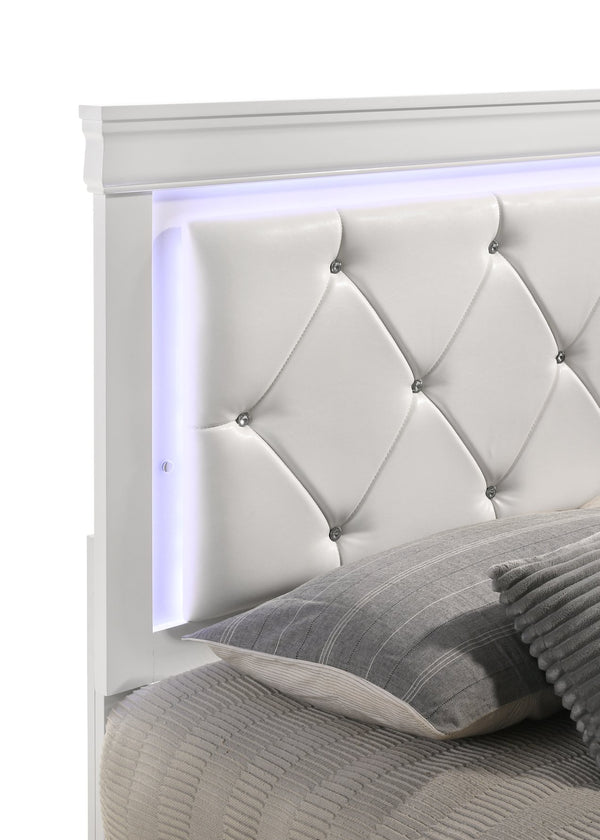 English Elm Queen Brooklyn 4PC Bedroom Set with Tufted LED Headboard, 6-Drawer Dresser, Nightstand & Mirror — Modern White Wood Finish 733569251230