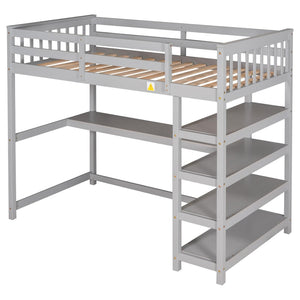 English Elm Twin Pine Loft Bed with Built-in Desk Open Shelves and Led Ambient Lighting Gray GX000245AAE