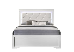 English Elm Queen Brooklyn 4PC Bedroom Set with Tufted LED Headboard, 6-Drawer Dresser, Nightstand & Mirror — Modern White Wood Finish 733569251230