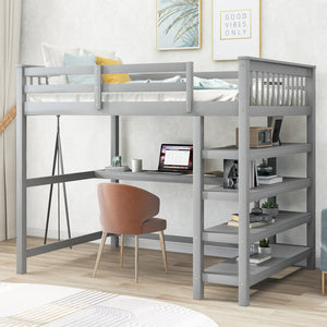 English Elm Full Solid Pine Loft Bed with Built-In Desk and Shelving, Space-Saving Design for Study & Sleep Gray GX000246AAE