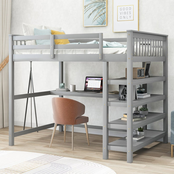 English Elm Full Solid Pine Loft Bed with Built-In Desk and Shelving, Space-Saving Design for Study & Sleep Gray GX000246AAE