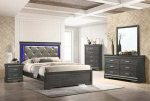 English Elm Modern Brooklyn Full Size LED Bed with Tufted Upholstered Headboard, Gray Wood Frame, Luxe Comfort 733569326921