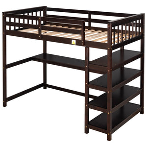 English Elm Twin Pine Loft Bed with Built-in Desk Open Shelves and Led Ambient Lighting Espresso GX000245AAP