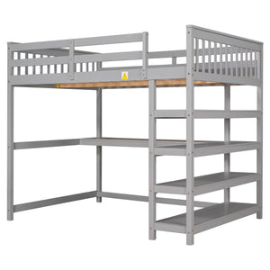 English Elm Full Solid Pine Loft Bed with Built-In Desk and Shelving, Space-Saving Design for Study & Sleep Gray GX000246AAE