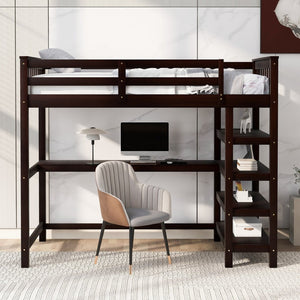 English Elm Twin Pine Loft Bed with Built-in Desk Open Shelves and Led Ambient Lighting Espresso GX000245AAP