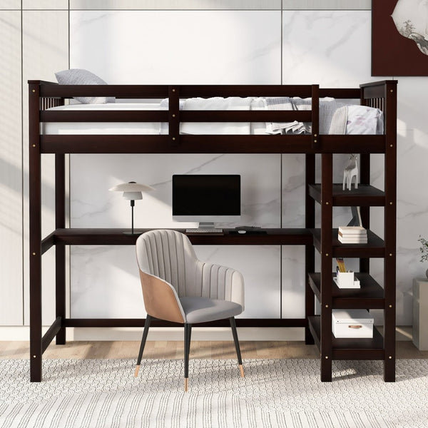 English Elm Twin Pine Loft Bed with Built-in Desk Open Shelves and Led Ambient Lighting Espresso GX000245AAP