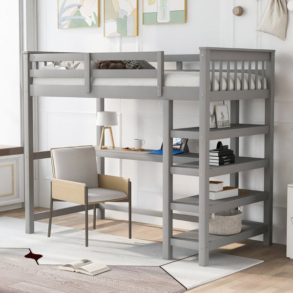 English Elm Twin Pine Loft Bed with Built-in Desk Open Shelves and Led Ambient Lighting Gray GX000245AAE