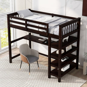 English Elm Twin Pine Loft Bed with Built-in Desk Open Shelves and Led Ambient Lighting Espresso GX000245AAP