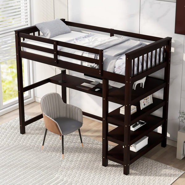 English Elm Twin Pine Loft Bed with Built-in Desk Open Shelves and Led Ambient Lighting Espresso GX000245AAP