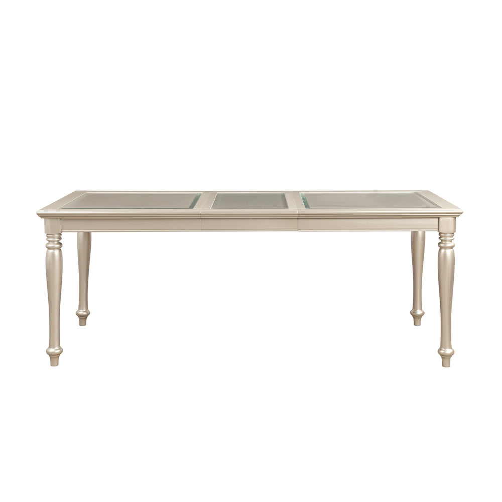 English Elm Traditional Silver Finish Dining Table with 1-Leaf Extension, Shagreen Glass Top & Elegant Legs, 60–78" B01152850