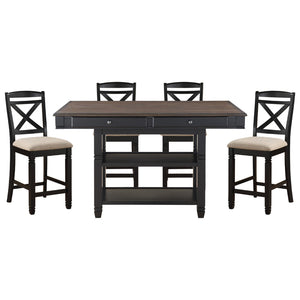 English Elm Transitional Counter Height Dining Table with Four Drawers and Open Shelves Seats Six B01152849