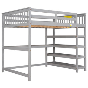 English Elm Full Solid Pine Loft Bed with Built-In Desk and Shelving, Space-Saving Design for Study & Sleep Gray GX000246AAE