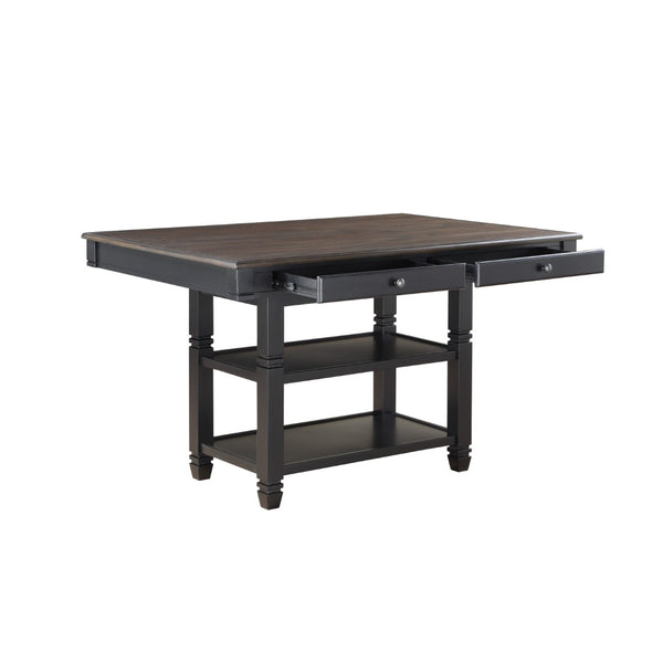 English Elm Transitional Counter Height Dining Table with Four Drawers and Open Shelves Seats Six B01152849