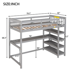 English Elm Twin Pine Loft Bed with Built-in Desk Open Shelves and Led Ambient Lighting Gray GX000245AAE