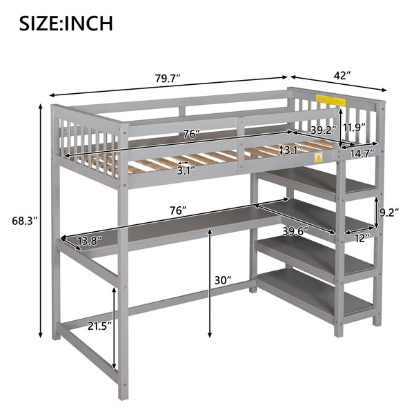 English Elm Twin Pine Loft Bed with Built-in Desk Open Shelves and Led Ambient Lighting Gray GX000245AAE
