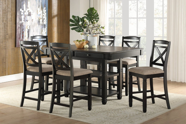 English Elm Transitional Counter Height Dining Set 7 Piece with Storage Drawers Shelves Wood Chairs B011S00254