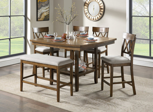 English Elm Light Oak Square Counter Height Dining Table with Lazy Susan and Open Storage Shelf B01152853