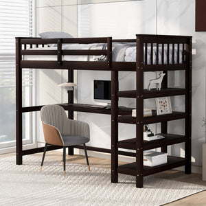 English Elm Twin Pine Loft Bed with Built-in Desk Open Shelves and Led Ambient Lighting Espresso GX000245AAP
