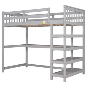 English Elm Twin Pine Loft Bed with Built-in Desk Open Shelves and Led Ambient Lighting Gray GX000245AAE