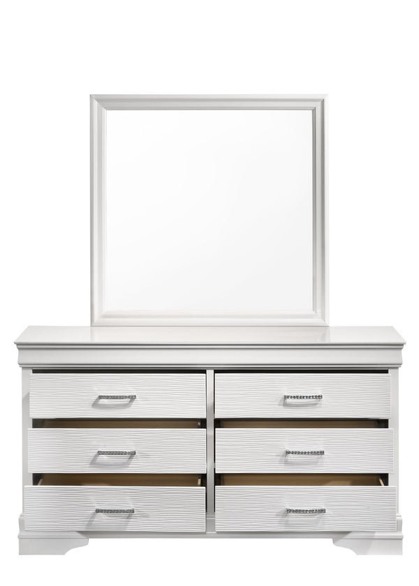 English Elm Queen Brooklyn 4PC Bedroom Set with Tufted LED Headboard, 6-Drawer Dresser, Nightstand & Mirror — Modern White Wood Finish 733569251230
