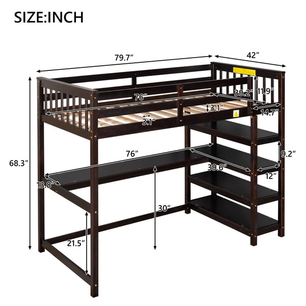English Elm Twin Pine Loft Bed with Built-in Desk Open Shelves and Led Ambient Lighting Espresso GX000245AAP