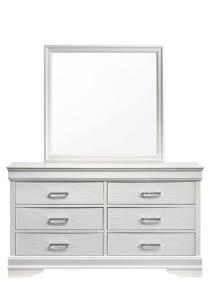 English Elm Queen Brooklyn 4PC Bedroom Set with Tufted LED Headboard, 6-Drawer Dresser, Nightstand & Mirror — Modern White Wood Finish 733569251230