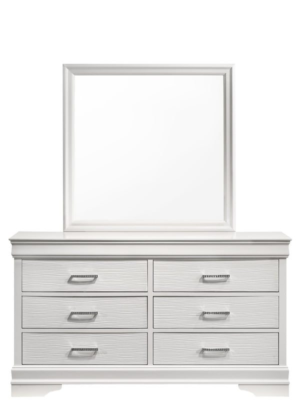 English Elm Queen Brooklyn 4PC Bedroom Set with Tufted LED Headboard, 6-Drawer Dresser, Nightstand & Mirror — Modern White Wood Finish 733569251230